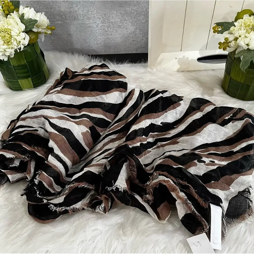 NEW Ann Taylor Loft Linen Multicolor Raw Hem Oversized Neutral Wrap Scarf OS NWT